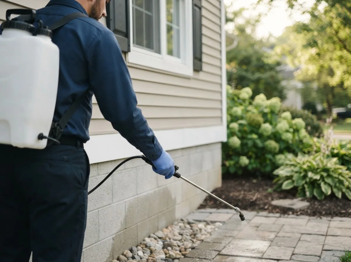 Pest control technician inspecting a home in Fremont, NE